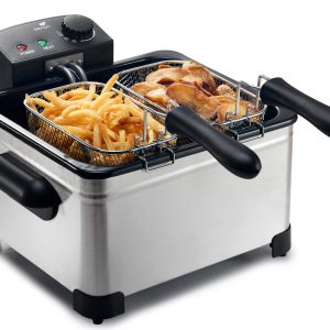 Friteuse électrique inox 5L – 2000W – Température jusqu'à 190°C – 3 paniers (2 petits + 1 grand) – Cuve amovible – Family Fryer