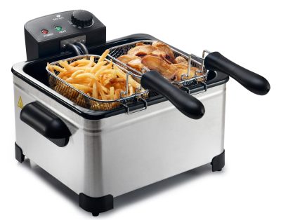 Friteuse électrique inox 5L – 2000W – Température jusqu'à 190°C – 3 paniers (2 petits + 1 grand) – Cuve amovible – Family Fryer